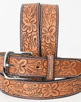 BAR H EQUINE 32 - 42 In Floral Hand Tooled Western Genuine Leather Belt Brown