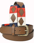 BAR H EQUINE Western Genuine Leather Men And Women Brown Belt Embroidered Red Blue & White