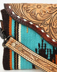 American Darling Wristlet Hand Tooled Upcycled Wool Genuine Leather Women Bag Western Handbag Purse
