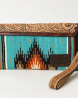 American Darling Wristlet Hand Tooled Upcycled Wool Genuine Leather Women Bag Western Handbag Purse