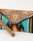 American Darling Wristlet Hand Tooled Upcycled Wool Genuine Leather Women Bag Western Handbag Purse