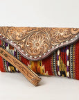 American Darling Wristlet Hand Tooled Upcycled Wool Genuine Leather Women Bag Western Handbag Purse