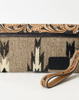 American Darling Wristlet Hand Tooled Upcycled Wool Genuine Leather Women Bag Western Handbag Purse