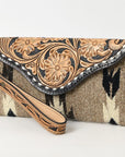 American Darling Wristlet Hand Tooled Upcycled Wool Genuine Leather Women Bag Western Handbag Purse