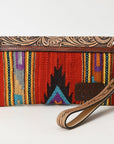 American Darling Wristlet Hand Tooled Upcycled Wool Genuine Leather Women Bag Western Handbag Purse