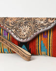 American Darling Wristlet Hand Tooled Upcycled Wool Genuine Leather Women Bag Western Handbag Purse