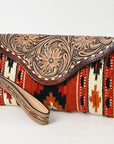 American Darling Wristlet Hand Tooled Upcycled Wool Genuine Leather Women Bag Western Handbag Purse