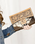 American Darling Adbgz842A Wallet Hand Tooled Hair-On Genuine Leather Women Bag Western Handbag Purse
