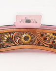 American Darling Floral Long Hair Claw Hand Tooled Carved Genuine Leather Brown Clips Clutcher Gift For Women Girls
