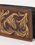 BAR H EQUINE Rodeo Steer Head Bifold & Trifold Wallet For Men Women Genuine Leather Brown