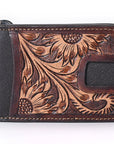 BAR H EQUINE Genuine Leather Rodeo Bifold Money Clip Wallet For Men Women Brown With Floral Hand Carved Tooled