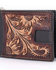 BAR H EQUINE Genuine Leather Rodeo Bifold Money Clip Wallet For Men Women Brown With Floral Hand Carved Tooled