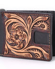 BAR H EQUINE Genuine Leather Rodeo Bifold Money Clip Wallet For Men Women Brown With Floral Hand Carved Tooled