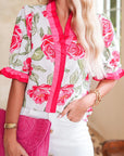 Floral Contrast Frilled V-Neck Blouse