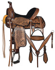 COMFYTACK Western Horse Barrel Racing American Leather Saddle Floral Carved & Tack Set Dark Brown