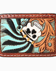 AMERICAN DARLING Floral Hand Carved Painted Belt Buckle Genuine Leather Covered Stylish Buckle