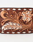 AMERICAN DARLING Floral Hand Carved Painted Belt Buckle Genuine Leather Covered Stylish Buckle