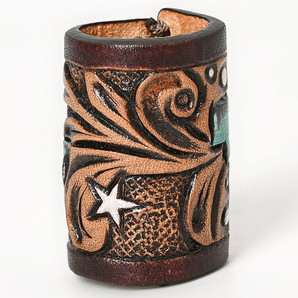 American Darling Western Hand Tooled Carved Genuine Leather Scarf Ring Brown Scarf Clasp Bandana Slide Bandana Cuff