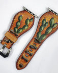 American Darling Hand Tooled I watch Strap Genuine Leather With Beautiful Cactus Hand Painted Smart Watch Strap