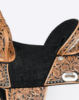 Hilason Western Horse Treeless Trail Barrel Saddle American Leather Floral Tan & Black Inlay