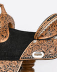 Hilason Western Horse Treeless Trail Barrel Saddle American Leather Floral Tan & Black Inlay