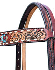 Hilason Horse Floral Hand Carved American Leather Breast Collar Headstall W/ Beaded Work Brown