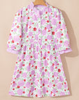 Floral Stripe Trim Frilled Neck 3/4 Sleeve Dress