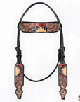 Hilason Horse Floral Hand Painted American Leather Breast Collar Headstall Dark Brown