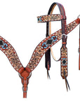 Hilason Horse Floral Hand Carved American Leather Breast Collar Headstall W/ Beaded Work Brown