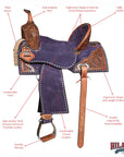 Hilason Western Horse Barrel Flex Tree Trail American Leather Saddle Blue Gorgeous Floral Hand Tooled & Carved