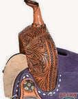 Hilason Western Horse Barrel Flex Tree Trail American Leather Saddle Blue Gorgeous Floral Hand Tooled & Carved