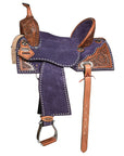 Hilason Western Horse Barrel Flex Tree Trail American Leather Saddle Blue Gorgeous Floral Hand Tooled & Carved