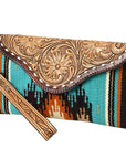 American Darling Wristlet Hand Tooled Upcycled Wool Genuine Leather Women Bag Western Handbag Purse