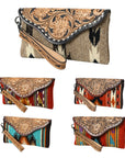 American Darling Wristlet Hand Tooled Upcycled Wool Genuine Leather Women Bag Western Handbag Purse