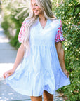 Kori Stripe Contrast Floral Puff Sleeve Tiered Ruffle Dress