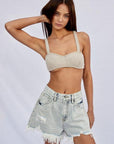 High Rise Frayed Denim Shorts