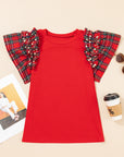 Plaid Patchwork Pearl Ruffle Sleeve T-Shirt