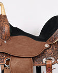 Hilason Flex Tree Western Horse Saddle American Leather Trail Barrel Dark Brown With Floral Hand Carved