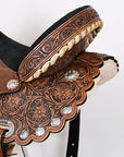 Hilason Flex Tree Western Horse Saddle American Leather Trail Barrel Dark Brown With Floral Hand Carved