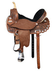 Hilason Flex Tree Western Horse Saddle American Leather Trail Barrel Dark Brown With Floral Hand Carved