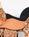 Hilason Flex Tree Western Horse Saddle American Leather Trail Barrel Tan / Black Inlay With Floral Hand Carved