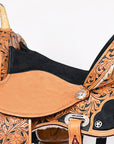 Hilason Flex Tree Western Horse Saddle American Leather Trail Barrel Tan / Black Inlay With Floral Hand Carved