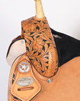 Hilason Flex Tree Western Horse Saddle American Leather Trail Barrel Tan / Black Inlay With Floral Hand Carved
