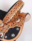 Hilason Flex Tree Western Horse Saddle American Leather Trail Barrel Tan / Black Inlay With Floral Hand Carved