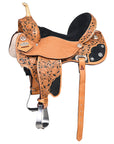 Hilason Flex Tree Western Horse Saddle American Leather Trail Barrel Tan / Black Inlay With Floral Hand Carved