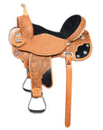 Hilason Flex Tree Western Horse Saddle American Leather Trail Barrel Oiled Tan With Floral Hand Carved