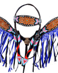 Hilason Western Horse Leather Headstall & Breast Collar Set Black with Blue Fringes