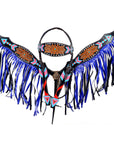 Hilason Western Horse Leather Headstall & Breast Collar Set Black with Blue Fringes