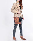 American Darling Women's Crossbody Western Hand Tooled Genuine Leather Handbag with Rivets