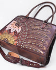 American Darling Women's Tote Western Hand Tooled Genuine Leather Handbag with Rivets